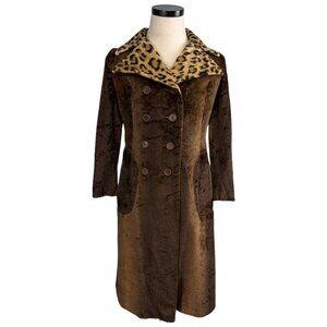 Vintage 60s Debbi Robert Coat Faux Fur Leopard Collar Double-Breasted Brown Med